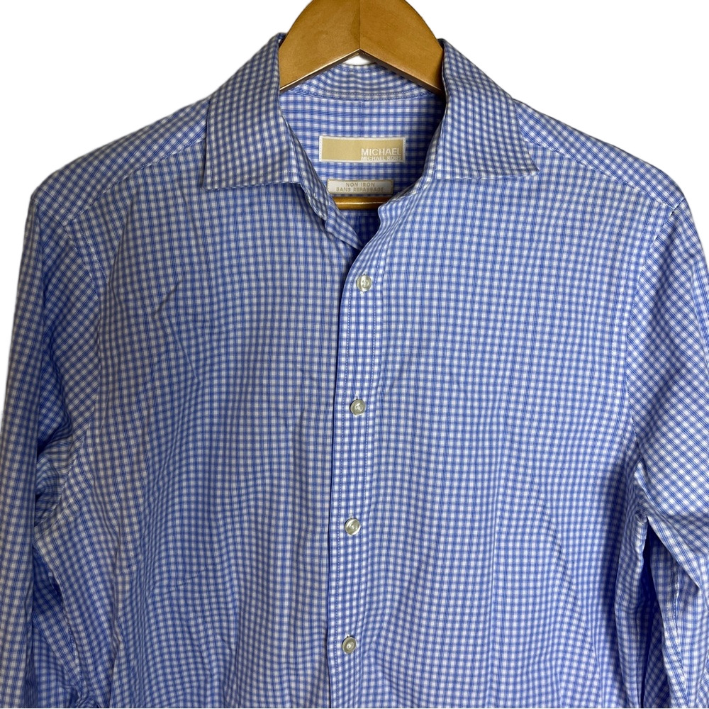 Michael Kors Blue Gingham Check Dress Shirt Mens Size 16 34/35 Cotton Classic